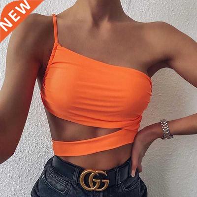 Lace Up Tank Top Camis Women Orange Ruched Bocon Straps