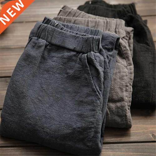 Oversize Women Elastic Waist Ankle Pants Casual Cotton Linen