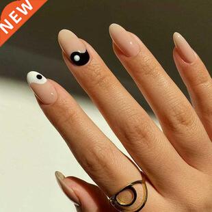 White Almond box 24pcs Wear Nails Tai Black and Chi Press