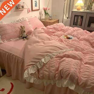 Pink Ruffled Seersucker Duvet ver Set 3/4pcs Soft Lightweigh