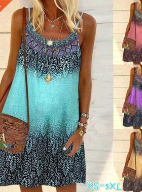 S-5XL Summer Women Beach Dress Printed Sling Ladies Loose Bo
