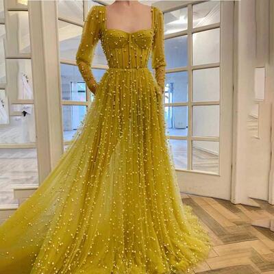 Sweetheart Neckline Hang Up Long Sleeves Yellow Prom Dress w