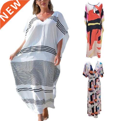Women Short Sleeves V-Neck Kaftan Colorful GridsPrinted