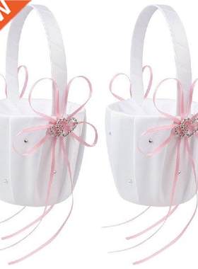 2X Double Heart Wedding Flower Girl Basket White Satin
