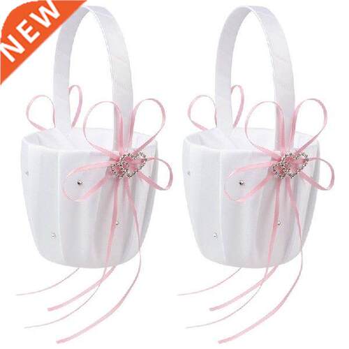 2X Double Heart Wedding Flower Girl Basket White Satin