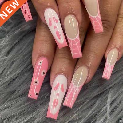 Long Coffin False Nails Grimace Pink French Ballerina Fake N
