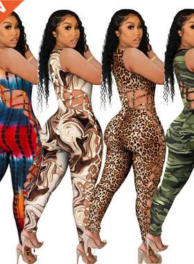 S-5xl full-size sexy printed jumpsuit for ladies大码女连体裤