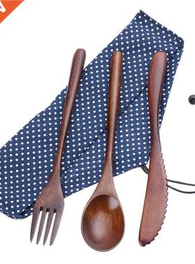 Wooden Cutlery Set Spoon Fork Cutter Reusable Wood Bamboo Fl
