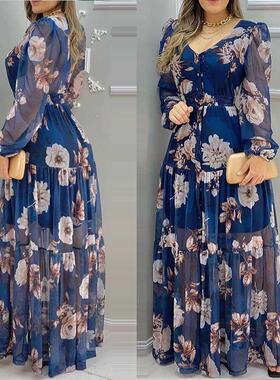 Summer Floral Print sexy V-Neck Chiffon Maxi Dress Casual Lo