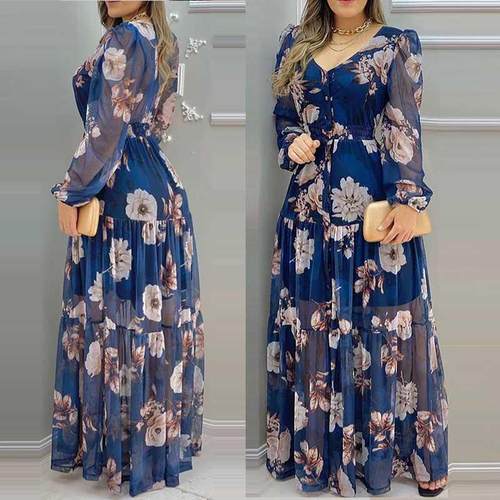 Summer Floral Print sexy V-Neck Chiffon Maxi Dress Casual Lo