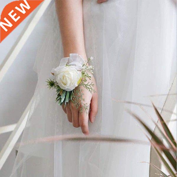 1set Silk White Roses Bridal Wrist Flowers Bridesmaid Pearl