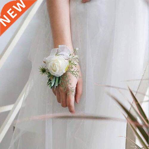 1set Silk White Roses Bridal Wrist Flowers Bridesmaid Pearl