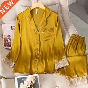 Satin Pajamas Set Faux Silk Women Spwear Shirt&Pants Cas