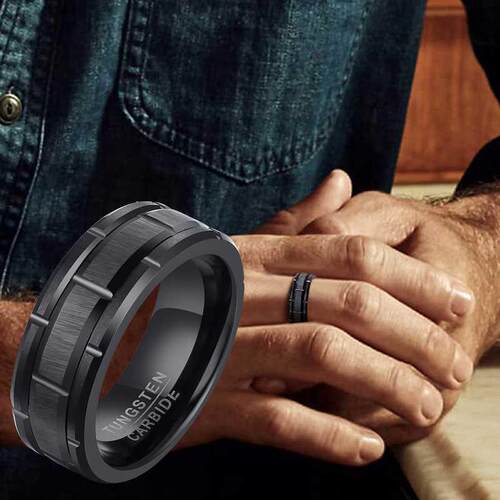 UNIQUE LINK PATTERN WEDDING BAND IN BLA TUNGSTEN CARBIDE MEN