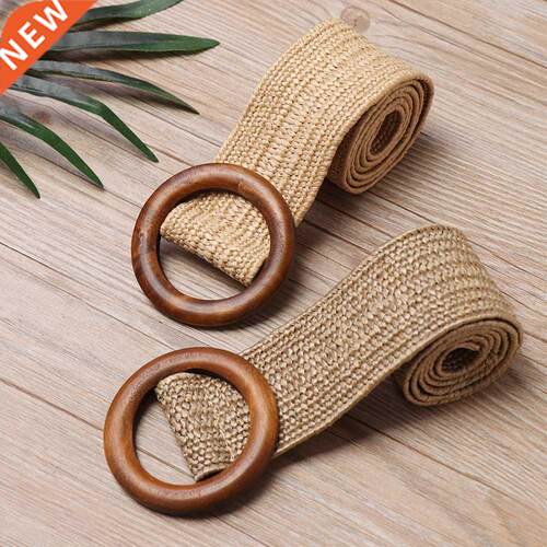 1PC Women Fashion Casual Straw Belt Round Wooden Buckle Elas