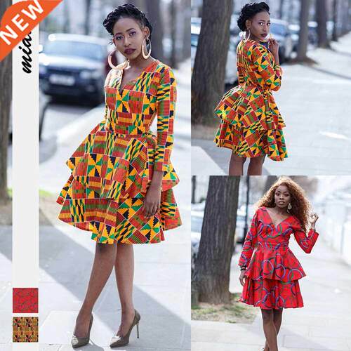 The new Digital print V-neck African dress for fall 21非洲裙