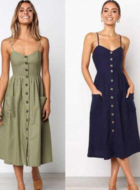 Summer Midi Dress Women's Sexy Sling Backless Sleeveless But