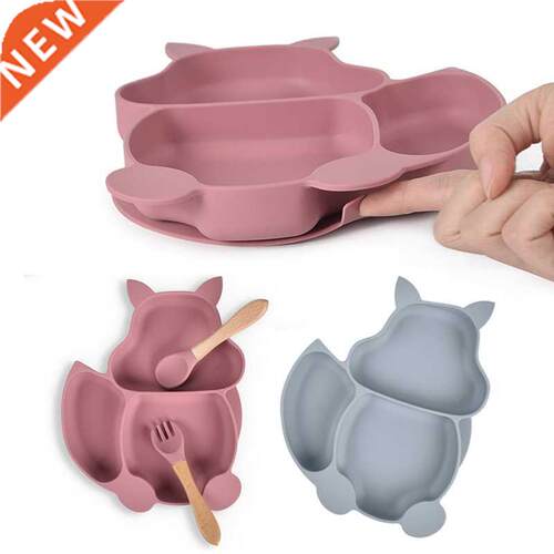Bby Silicone Crtoons Plte Set Self-Feeding ntislip Suce