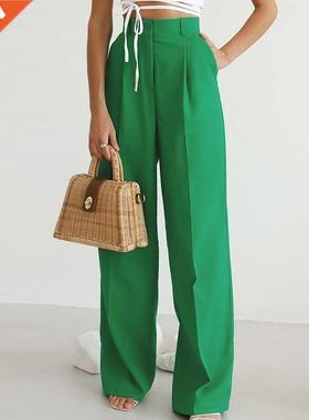 2022 Spring Women's Green High Waist Wide Leg Pants Ladies S