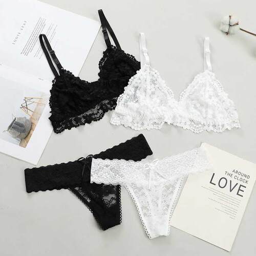 Women Lace Bra Briefs Set Sexy Wire Free Lingerie Hollow Out