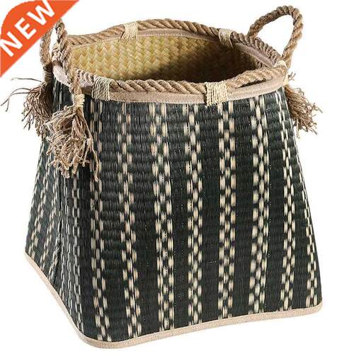 Handmade Woven laundry basket Retro hemp rope handle straw
