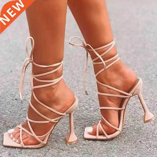 2022 Plus Size Summer Sexy Lace Up Women Sandals Square Toe