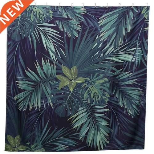 Green Shower Curtain Leaves Printing Pattern Modern Natural