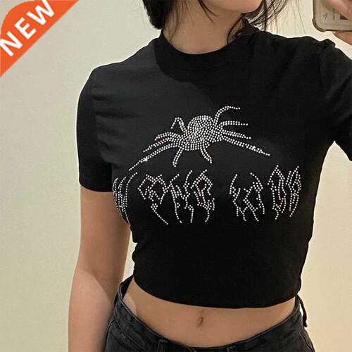 Punk Vintage Rhineone Spider Goth Graphic T Shirt Women Y2