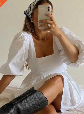 NEDEINS Women Summer Dress Summer Fashion White Elegant Puff