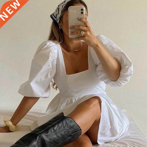 NEDEINS Women Summer Dress Summer Fashion White Elegant Puff