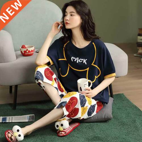 Womens two peice sets Cotton Sleep Tops Calf-Lenght Pant Wom