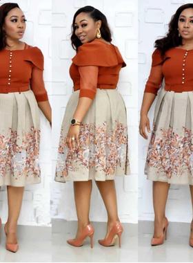 One-line African A-line lady's Dress with lotus leaf sleeves