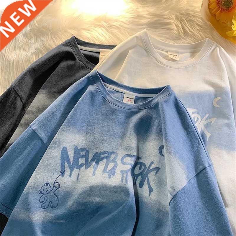 Summer New Japanese Printing Cloud Moon Bear Letter Short-Sl