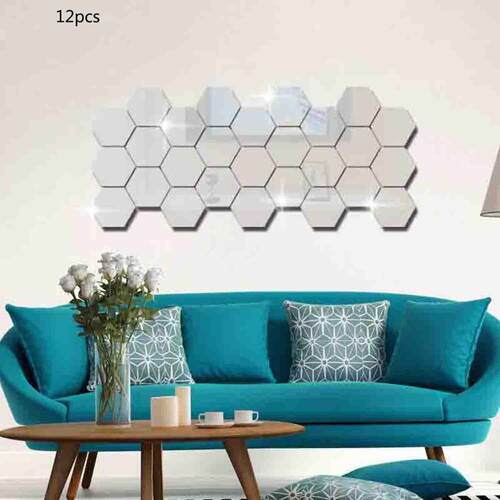 12Pcs/Set 3D Mirror Wall Stickers Home Decor Hexagon Acrylic