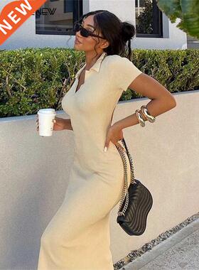 Cutenew Elegant Knitted Short Sleeve Bodycon Maxi Dress Wome