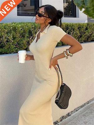 Cutenew Elegant Knitted Short Sleeve Bodycon Maxi Dress Wome