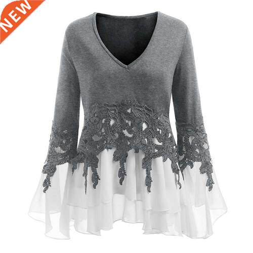 Plus Size Fashion Applique Chiffon Flare Blouse Casual Winte