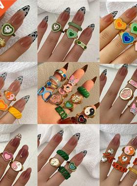 Colorful Heart Y2K Ring Set Open Cooper Rings For Women Cand