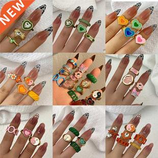 Colorful Heart Y2K Ring Set Open Cooper Rings For Women Cand