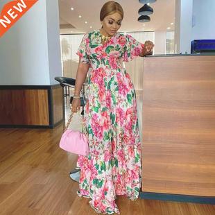 MD African Print Long Dresses For Women Boho Floral Chiffon