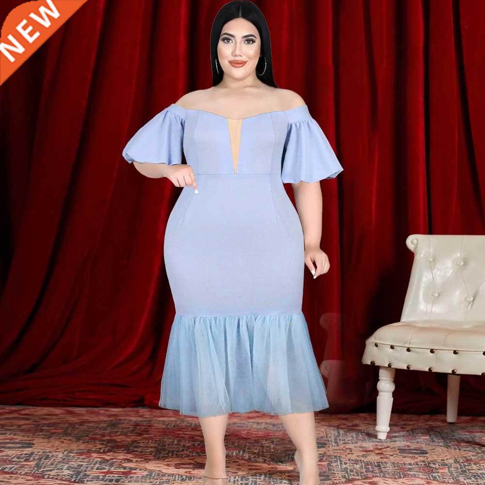 S-4xl High Waist Net Dress for ladies大码高腰胖MM浅蓝色裙子