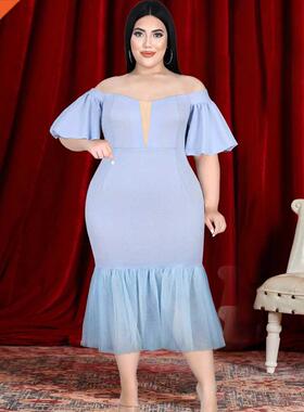 S-4xl High Waist Net Dress for ladies大码高腰胖MM浅蓝色裙子