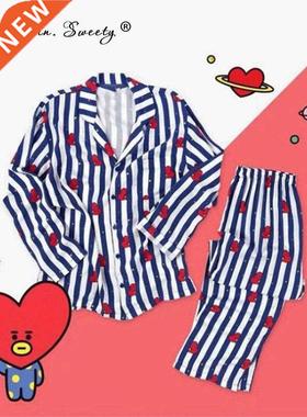Print Women's Striped Cartoon Cute Pajamas Set Top Shirts Pa