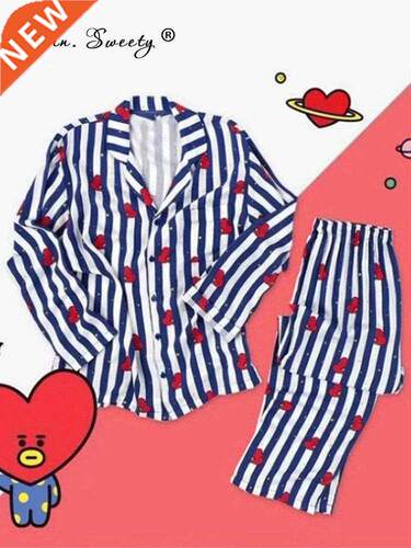 Print Women's Striped Cartoon Cute Pajamas Set Top Shirts Pa