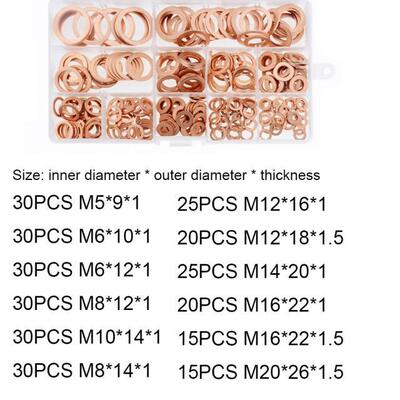 300PCS/BOX Copper Washer Gasket Nut Bolt Set M5-M20 Flat Rin