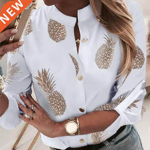Fashion Women Long Sleeve Gold Pineapple Print Blouse V Neck