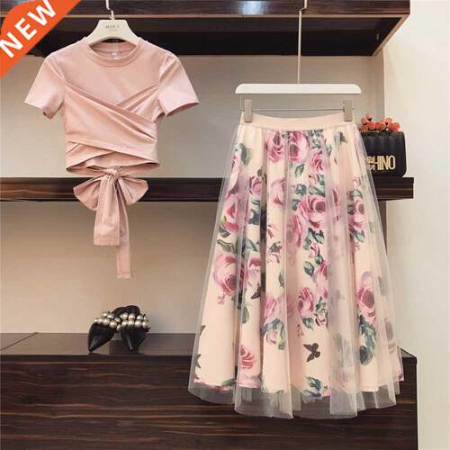 HIGH QUALITY Women Irregular T Shirt+Mesh Skirts Suits Bowkn