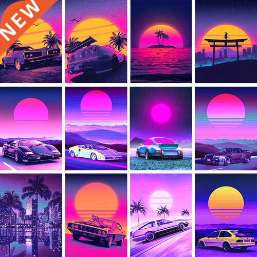 80s Outrun Vaporwave StylePoster City Night CAR HOUSE SUNSET