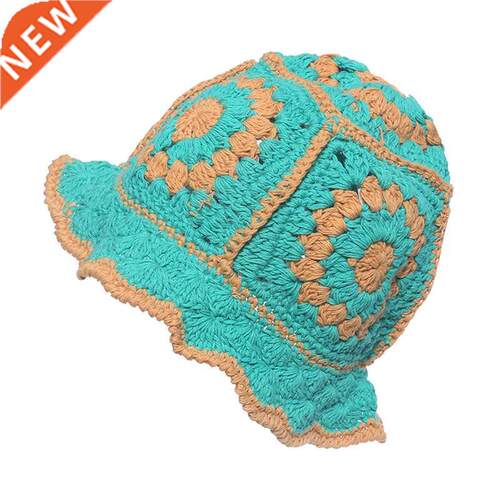 HanXi New Cotton Crochet Bucket Hat for Women Autumn Winter