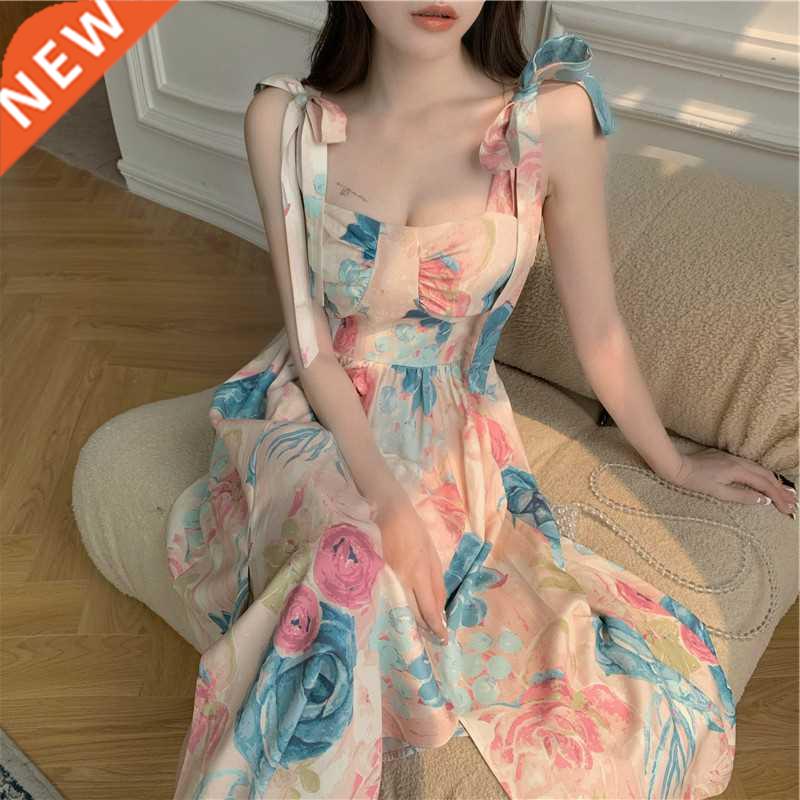 2022 new gentle floral skirt ow tie square ong French dress